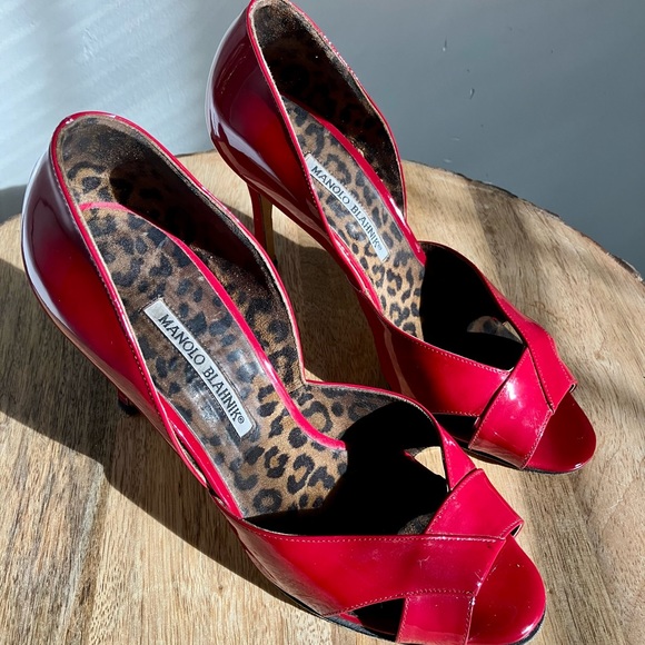 Manolo Blahnik Red Patent Leather Open Toe Pumps Size 38 - Picture 4 of 10